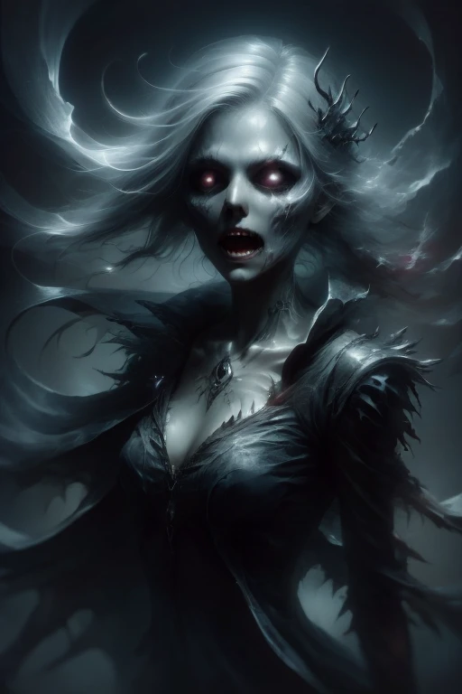 a banshee haunting a cimetery,ultra realistic 8k cg,best quality, picture-perfect face, flawless, clean,realistic, masterpiece, photorealistic lighting,detailed face,ray tracing,warm light,motion blur ,perfect face, beautiful face,((perfect female body, narrow waist)),(hair over eyes:1.3),long pointy ears,ultra detail hair, ultra detail face,huge breasts,huge ass,europeen,skirt,panties,((detailed facial features)),ghost style,