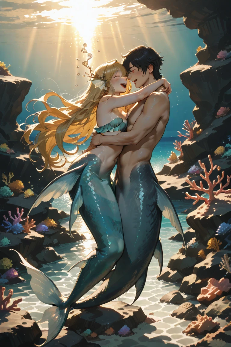 A mermaid with long blond curly hair and a handsome man with short black hair,Man holding mermaid,The two smiled,Scene seaside,sunbeams blue sky,illustration,Game Style,Light and shadow details,Delicate lines,daytime,The characters in the picture have vivid expressions,Body language is powerful,Make details richer。