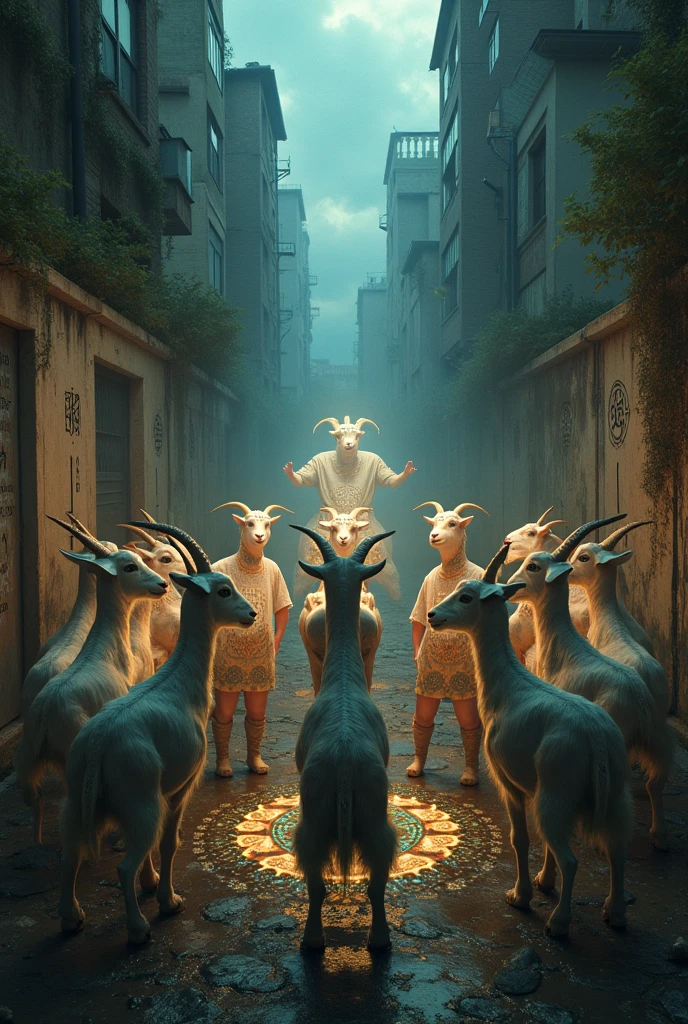Urban goats doing mass rituals of people - SeaArt AI