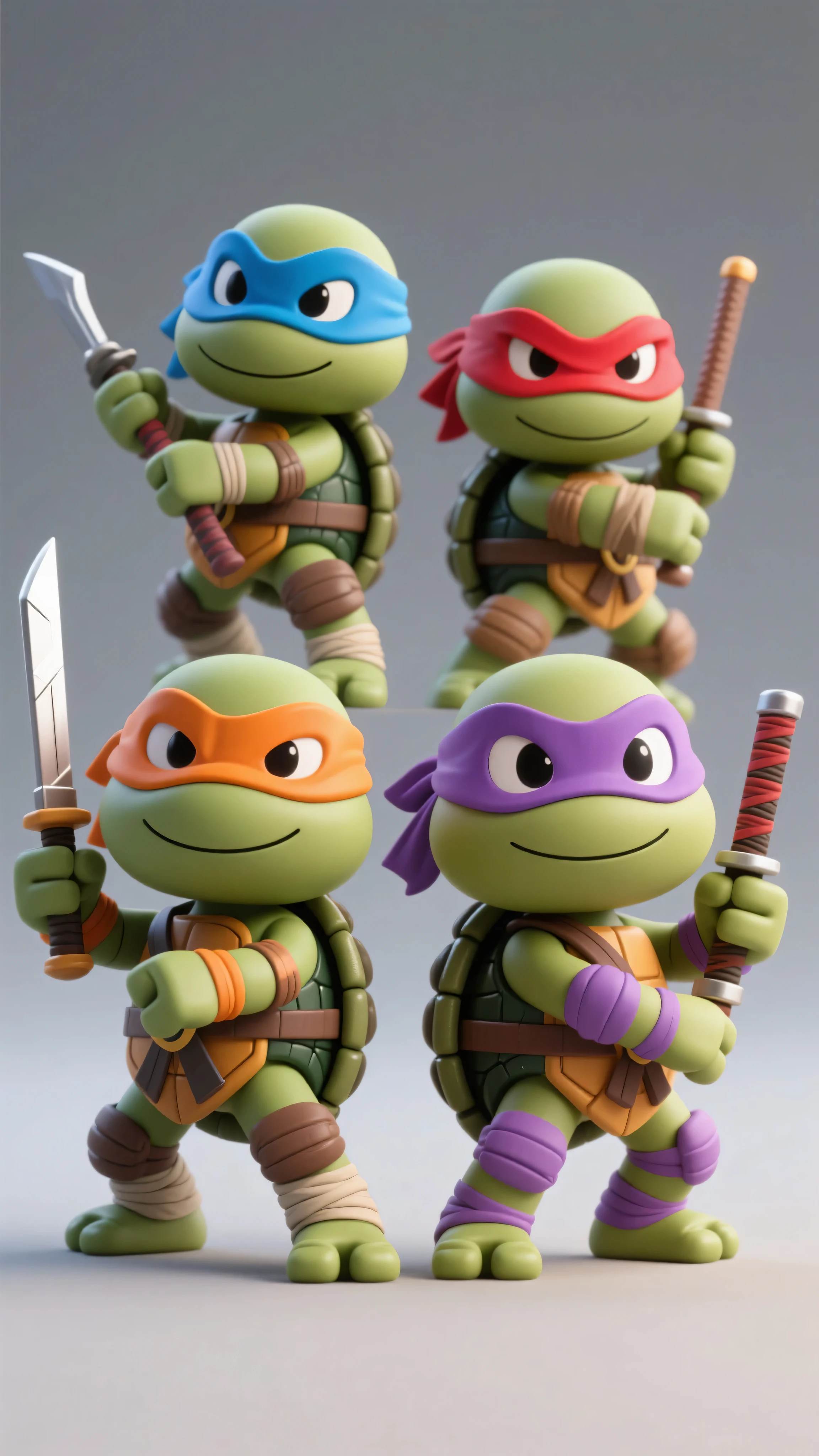Four 3D chibi age Mutant Ninja Turtles figures, each with distinct colored masks (blue, red, orange, purple) and their respective weapons. Detailed textured skin, shell armor, and fabric wraps. Posed dynamically on a neutral grey background. Toy-like, detailed.