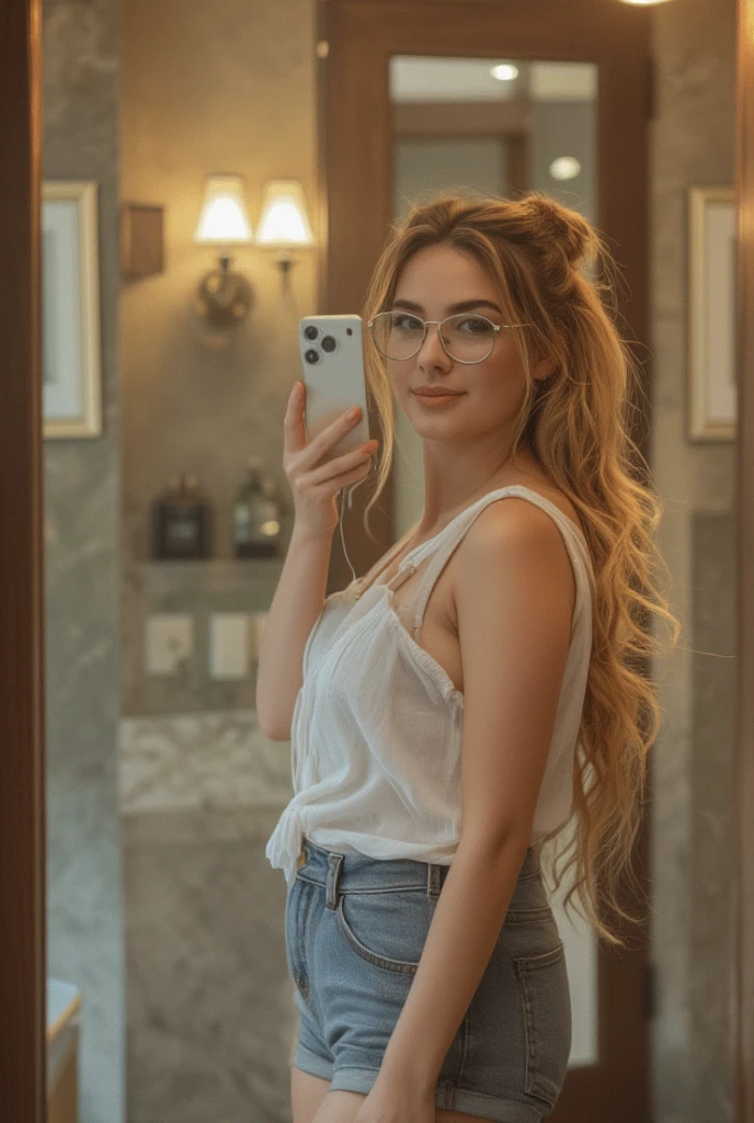 Masterpiece! UHD Pictured from front Chubby curvy woman with big  and ass taking selfie in mirror with white iPhone, ultra realistic photo, smiling happy, her blond hair packed in two chignon above ears, with glasses, curvy, taking selfie in bathroom mirror, glasses, cleavage, in fancy bathroom with shower cabin and toilet behind her, sexy curvy girl, her blond hair packed in two chignon above ears, barrel chested, sexy movie photo, buxom chested, very realistic, kate upton, A woman taking selfie with white iPhone confidently. She wears white shirt and denim shorts, look happy. The lighting is warm, creating a warms atmosphere. The setting appears to be a bathroom, she stand confidently in front of mirror. Have perfect makeup and perfect lips and wide hips