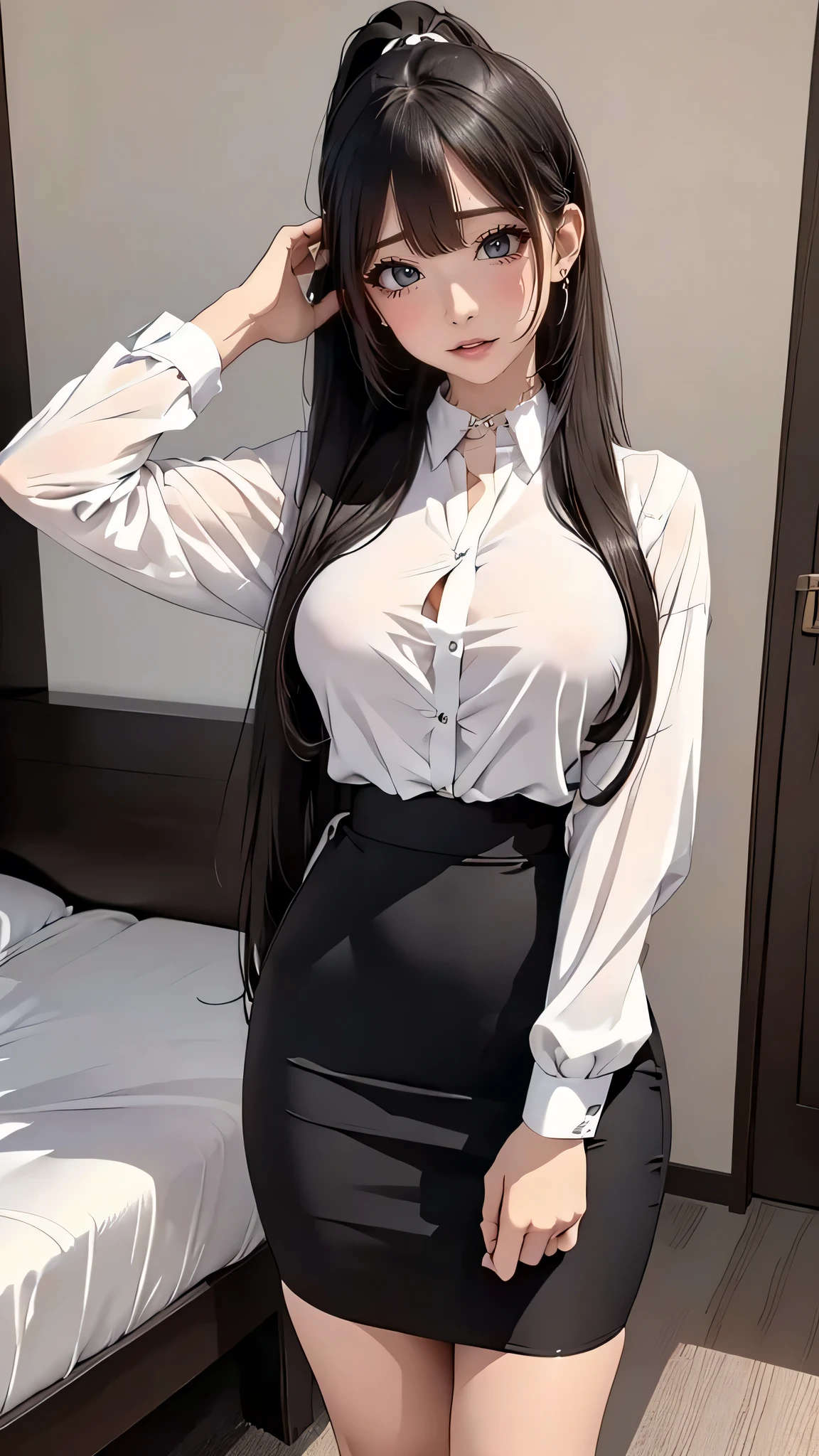masterpiece, best quality,(realistic:1.4), long hair, hairstyle with waves,sexy, realistic 피부질감, realistic 피부, slim, NSFW,Clear face, perfect face,suit,mini skirt 