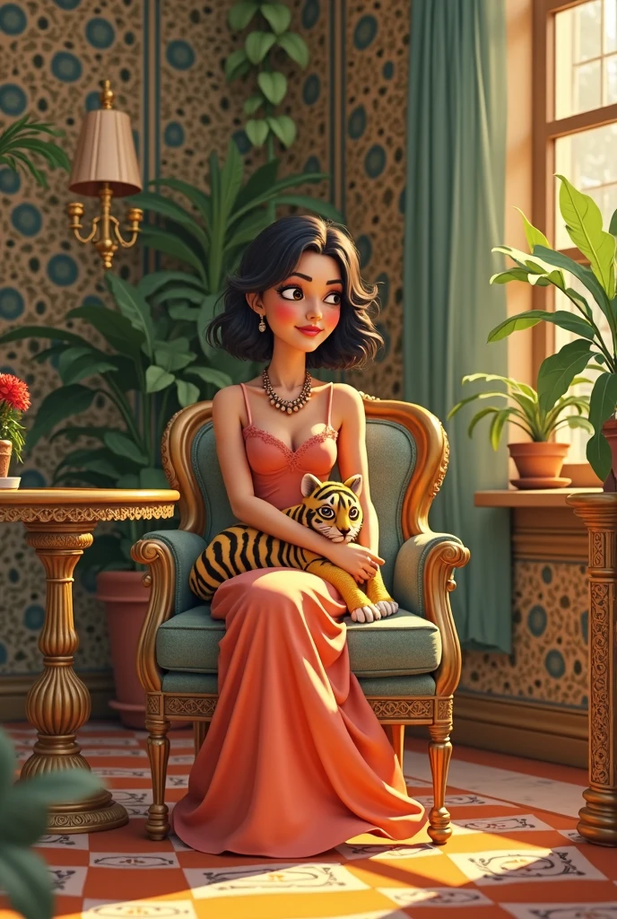 Hope, green eyes, black streaked hair, long twintails, earrings, necklace, green dress,sandals, looking at viewer, serious, smiling, sitting, on chair, legs crossed, inside kitchen, jungle, natural lighting, high quality, masterpiece, <lora:Hope:.7>