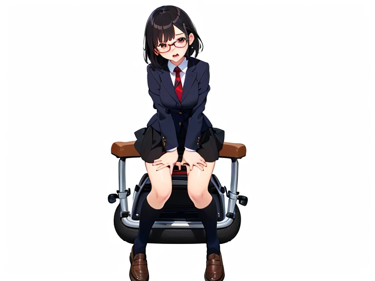 (Unity 8K Wall Pace),(Highest quality),(High resolution),(Very detailed),(Perfect Anatomy),(Beautiful attention to detail),(Very detailedベニス),(masterpiece, Highest quality), Browsing Caution,(1man,1girl), BREAK Japan,Girl,15 years old,Not cute,Serious look,Black Hair,Braid,medium hear,Glasses,Japanese ,Navy Blue Blazer,Pleated skirt,White socks,Sit in front of the audience,Staring at the audience,(hand job:1.5),Grab your penis, BREAK Small penis,Wet penis,Realistic penis