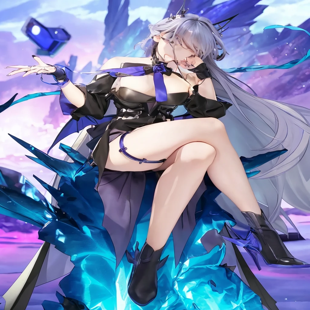 One girl, alone, whole body, Hired_Genshin Impact, Long Hair, Blue Hair, Purple eyes, horn, Exposing shoulders, Neck bell, Black Pantyhose, Removable sleeves, Black gloves, Pelvic Curtain, Outdoor, Mountain, ice-flurry, ice-arrow, ice, crystallization, ice flower, magic, Dynamic pose, Has a bow weapon,(masterpiece, Highest quality, Highest quality), pixel,pixel art,One girl,whole body,Elegant and sexy girl,Purple eyes,Very long twin braids。vector,Bright colors,((Dot))
