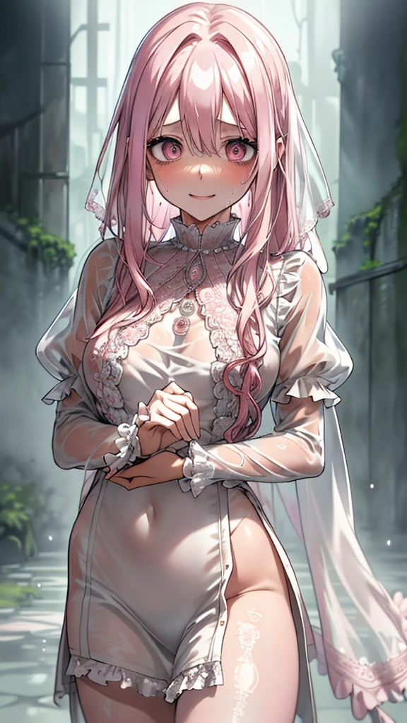 , Full body depiction on screen, Crazy Smile, Crazy Eyes, Cutely crafted luxurious hair band, A lot of steam rising from the body, The room is humid and foggy, I can see the white breath, Ruffles sewn into a large number of clothes Panier Berry Long Skirt Illustrated style Anime Style Frown Wide mouth beautiful girl Unhealthy Very cute clothes very large chest Very distended chest Pink cheeks In the city Princess Room Sleeping in a cute frilly bed with a canopy Blonde Long Hair Super Curly Hair Super long sideburns 濡れて透けたSee-throughの衣服 Wet and sheer turtleneck shocking pink silk wedding dress Princess Tiara Wet and transparent very long shocking pink silk skirt Wet and transparent pearl white silk tights Wet and transparent pearl white silk innerwear Metallic luster A large amount of hot pink silk ribbons attached to the clothes Soaked in the rain Wet and transparent pearl white super long silk gloves Shocking pink silk pantyhose with fine embroidery that becomes transparent when wet silk garter belt Astonishment Dirty Big eyes Droopy eyes Shocking Pink Rouge Super long white leather boots Wet and see-through white silk bodysuit See-through Clothes that are see-through from the rain Clothes are wet with sweat and transparent