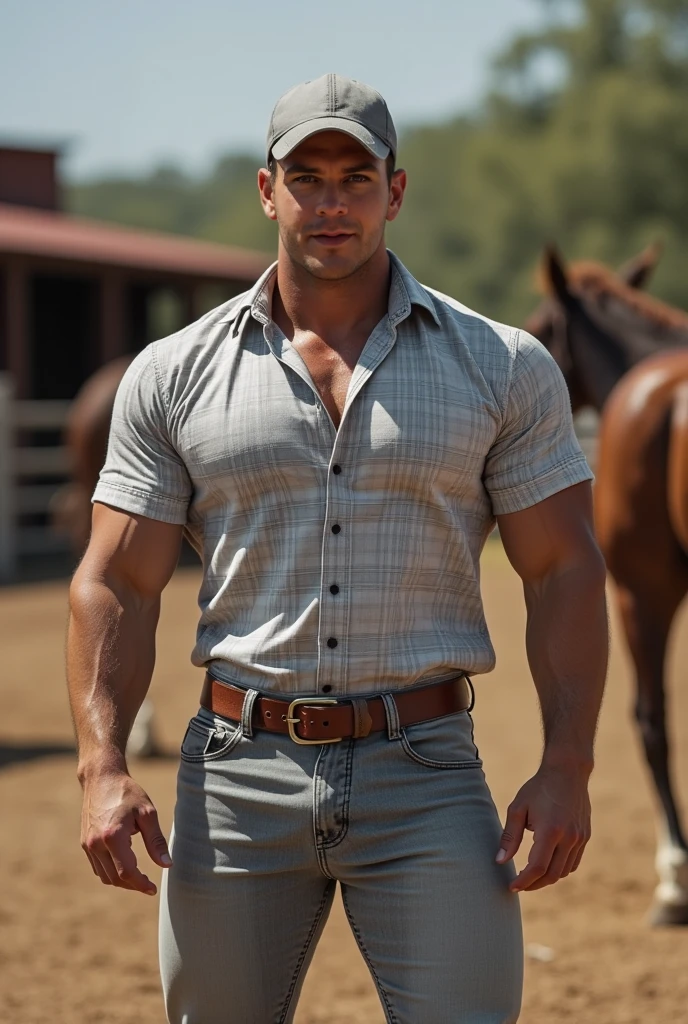 Home in a mountain house with blue eyes, blond beard, blue plaid flannel shirt that highlights his broad shoulders and jeans that hug his thigh muscles, medium-length dark blond hair, muscular and hairy chest, accompanied by a black Newfoundland dog
