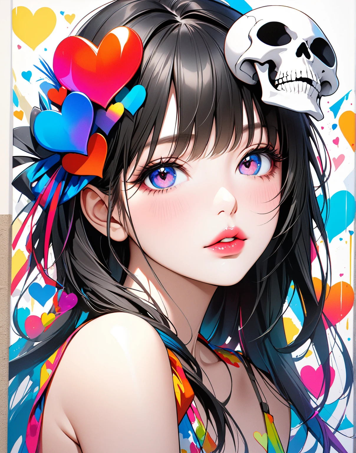 Ultra-realism Black Star Red and White colorful style, Simple Line Initialism，Abstract art，(((The most beautiful girl of all time))), Sweet face. Lips in love, colorful hearts, stylish design, Summer Skull fashion, Dark Eyes, Graffiti on the wal