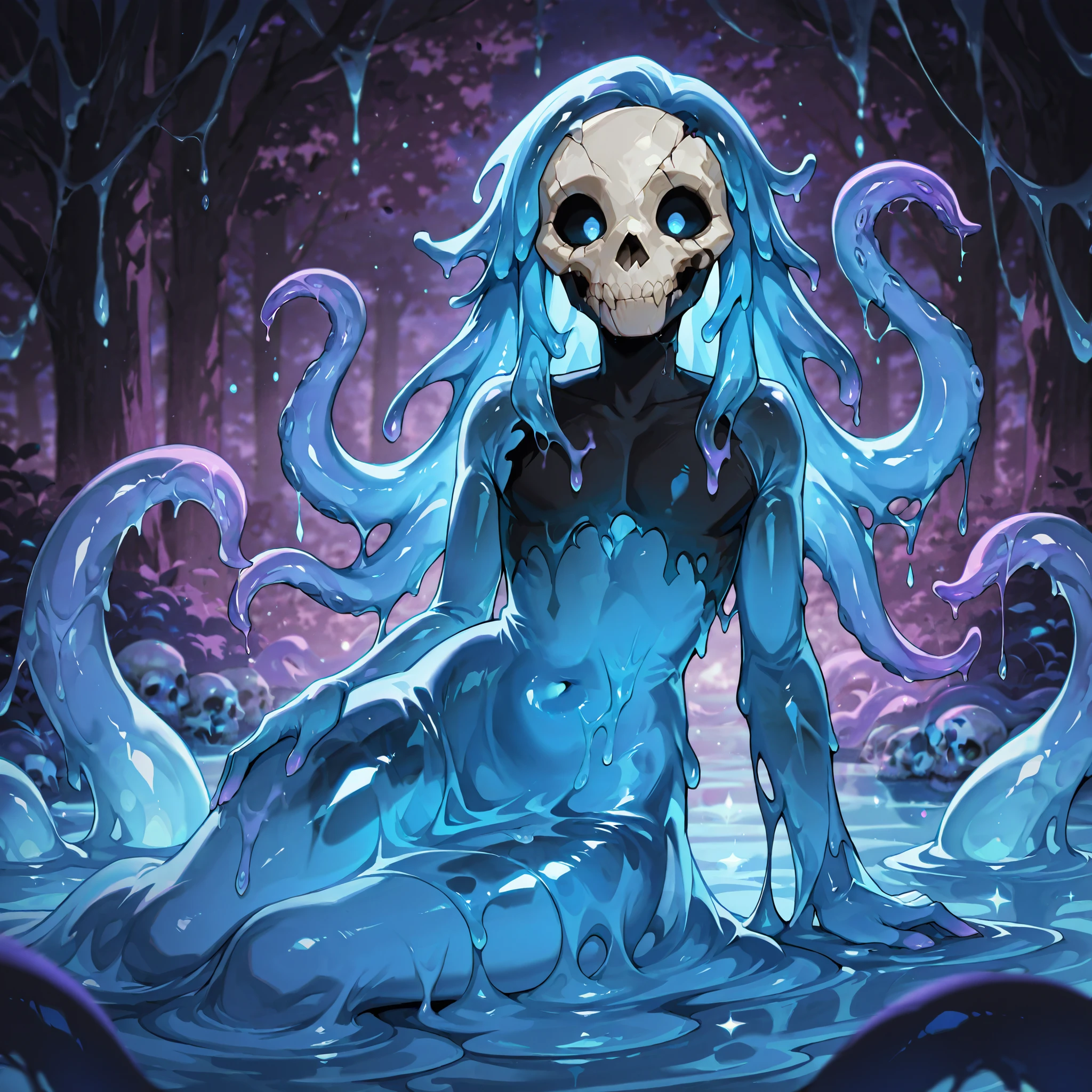 Slime: Imagine a feminine Slime with a gelatinous shape, but more defined, of a brilliant turquoise blue tone that reflects light. Body is fluid and malleable, but maintains a humanoid figure, Androgyny, anthro, skull face, crow mask on side of the head, transparent body, with tentacles that emerge from its being, capable of changing shape at will. It has large eyes of an intense violet color, with a wise and calm look, that reflects her maturity and experience. Despite its gelatinous nature, moves with a unique elegance, as if it were floating and gliding through the air.