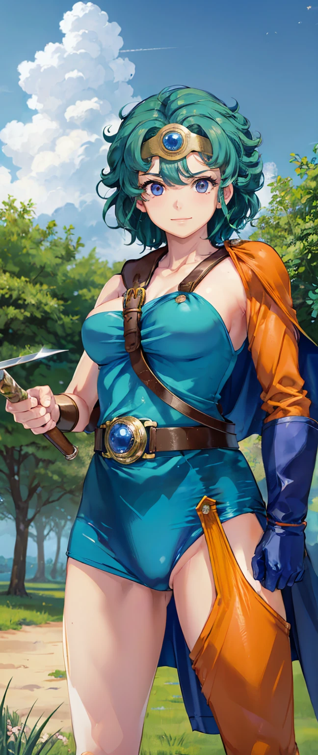 （（（ＳＦＷ、sound、Highest quality、Top notch work、Normal body、、Detailed face、Ultra-precision、Normal hand、のrefer、５refer、Highest）））、beautiful girl、Green Hair、yamato nadeshiko、Small breasts、Shortcuts、Blue leotard、Muscular、Black paleo skirt、Red Cape、Circlet、Dragon Quest、Female Heroes、 Fight、Fight準備完了、Sweep with a sword、Clasp your hands in front of you、Put your hands behind your back、Put your hands on your hips、Cover your chest with your hands、((Perfectly executed:Include your head to toes in the frame,Standing posture,Draw the details well、There is no anatomical problem))、forest