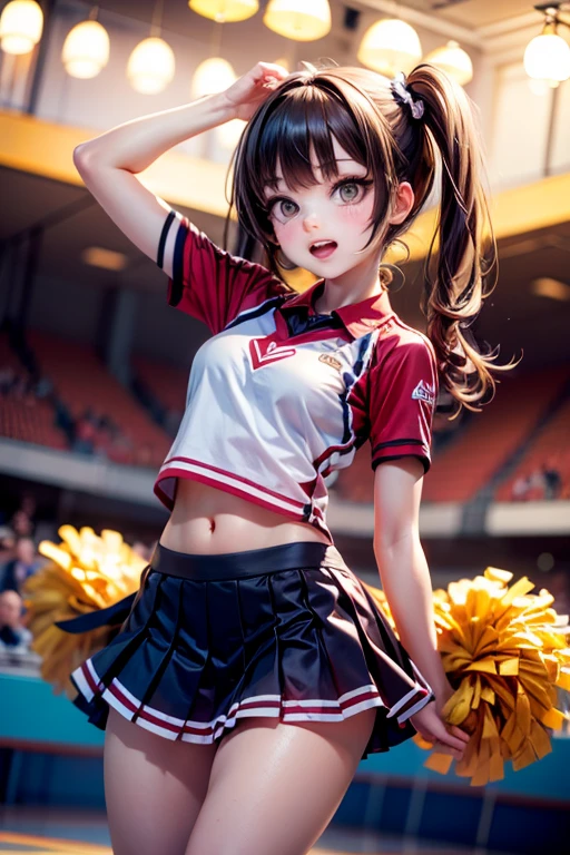 (ultra detailed eyes), (ultra detailed face),high quality, best image quality, masterpiece, teenage girl, 18 years old, very cute and beautiful cheerleader girl is dancing, dynamic pose, soft wavy hair, black hair, (smile:1.2), medium breast, (red tops with logo:1.3), (miniskirt:1.3), (panties), Armpits, Navel, thighs, Bare shoulders, Bare arms, Natural lighting, Hair fluttering in the wind, Beautiful detailed sky, stadium, ((Finest quality)), ultra high resolution, ultra-detailliert, Meticulous portrayal, ((Best Anime)),