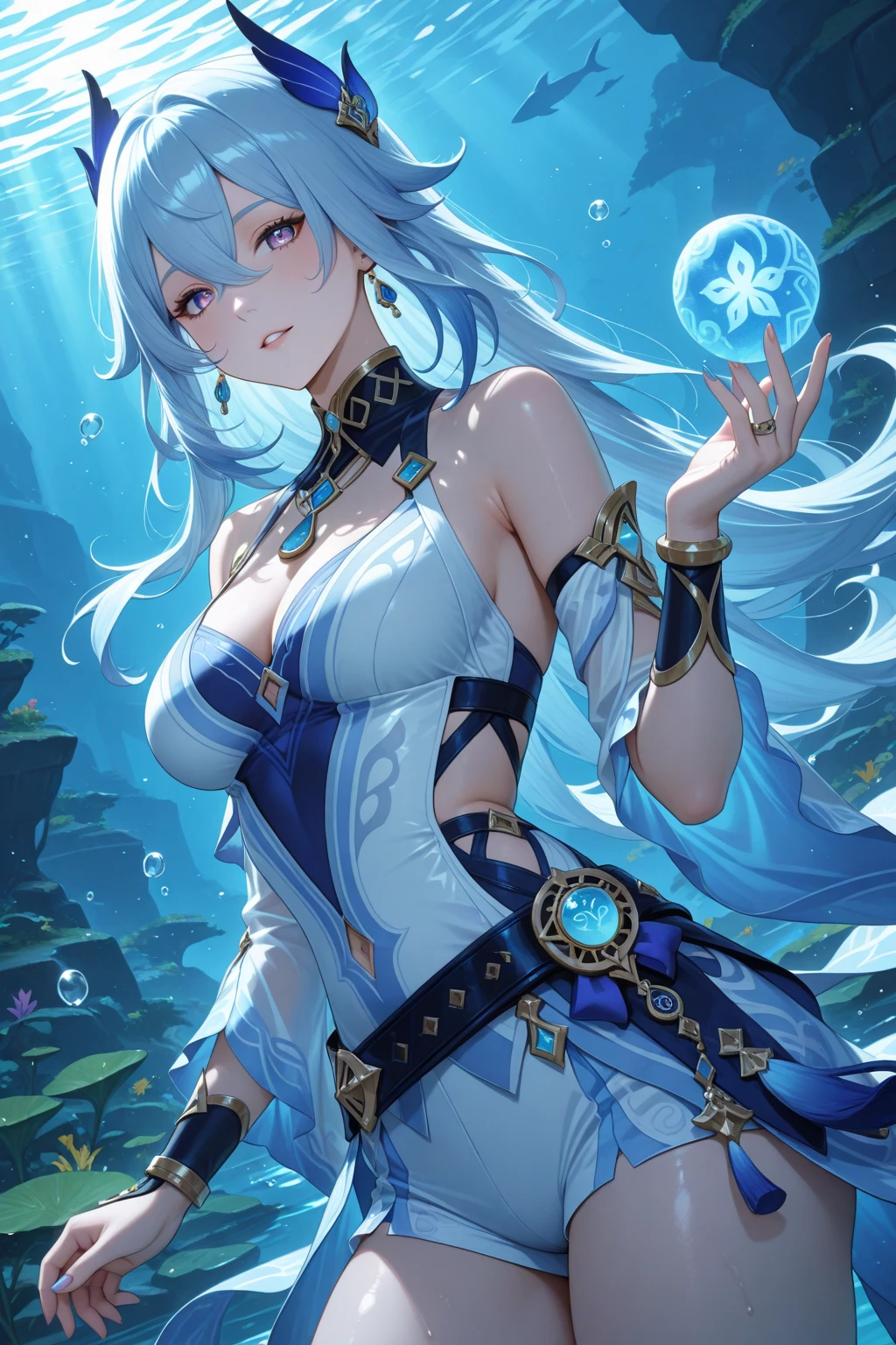 ((ganyudef)):1.5,((masterpiece,highest quality,Highly detailed images,Beautiful images))1.4(Image of ganyu with arms outstretched、Huge underwater ruins in the background、In the sea、Air bubbles、Overall dim lighting、Backlight、A fantastic atmosphere、Dust flutters)1.3,(Close-up image of ganyu)1.1、(Emphasize the chest、Great cleavage、Exposed lateral breasts):1.2
