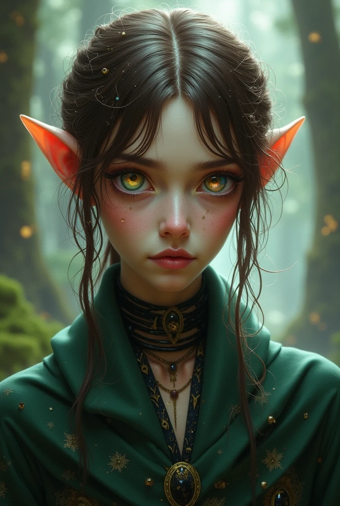 Dnd, female elf, tan skin, child, purple eyes, long black hair