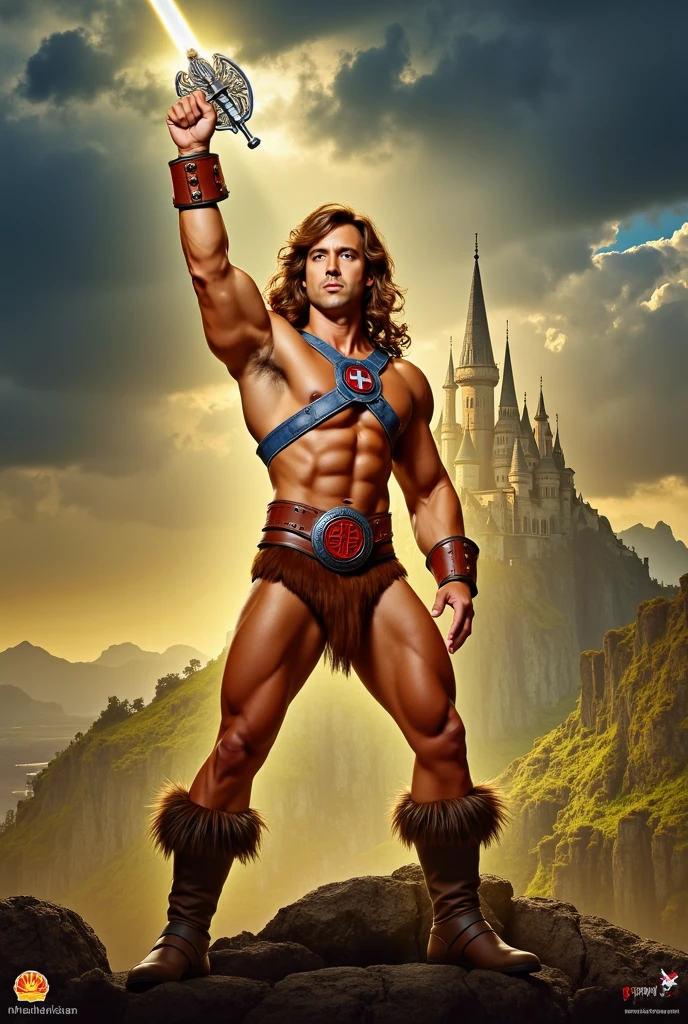 ((1boy)), ((masterpiece)), realistic, ((highly detailed:1.3)), he-man standing on a mountain top, blue sky with clouds, bright sunlight, natural lighting, dynamic pose, dynamic angle, <lora:80s_He-Man_MK2:1>