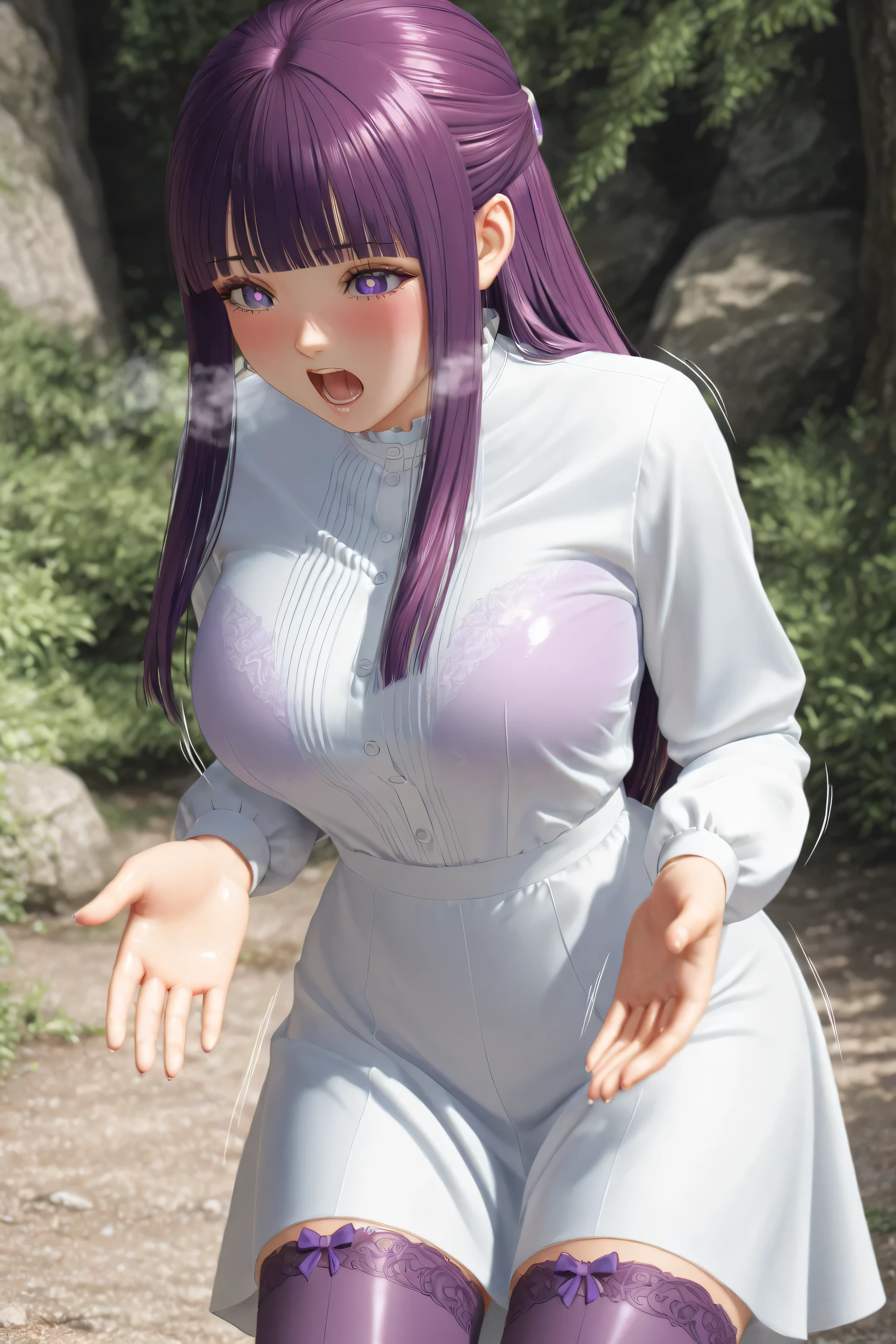 masterpiece, ultra-detailed, scenery, adult Fern sexdoll:1.5, purple eyes, long purple hair, sidelocks, blunt bangs, bright pupils, half updo, long sleeves, transparent lingerie, almost naked:2.0, purple sheer stockings:1.0, touching her own body:1.0, erotic:2.0, sexy pose:1.0, teasing pose:1.0, dynamic pose:1.0, motion lines:1.0, intense blushing, heavy breathing, intense orgasm:1.0, screaming, photorealistic details, detailed eyes, depth of field, volumetric light