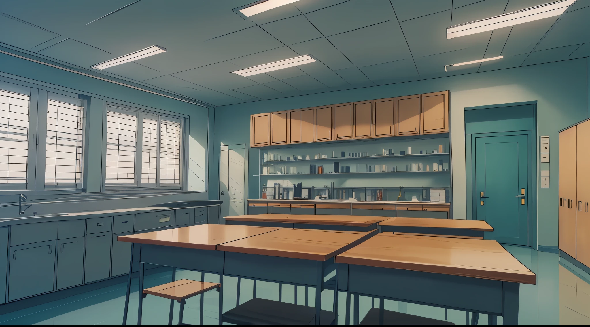 (Drawn in 80’s anime art style)
Retro anime. Vintage Anime. Classical Anime.
Location: High School (Science Lab)
• Purpose: Chemistry and biology classes, sometimes used for mysterious or dramatic scenes.
• Design: Larger room with lab tables, burners, test tube racks, and anatomical models.
• Details:
• Cabinets of labeled chemicals and preserved specimens.
• Tall windows with metal shutters.
• Ambience: Still and quiet, except during experiments or unusual incidents.
• Emotional Tone: Often a place of strange events, rival brilliance, or solitary moments of insight.