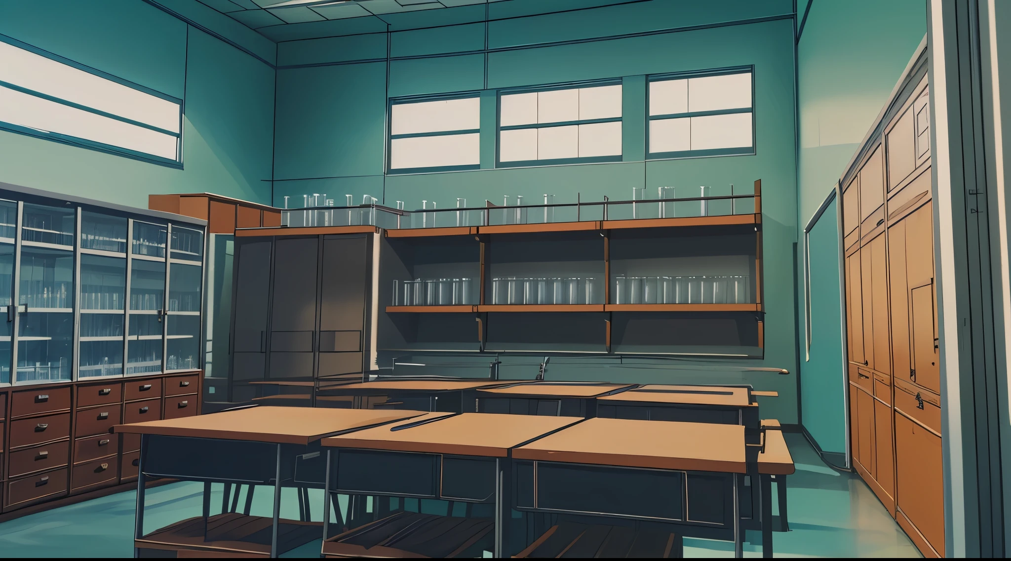 (Drawn in 80’s anime art style)
Retro anime. Vintage Anime. Classical Anime.
Location: High School (Science Lab)
• Purpose: Chemistry and biology classes, sometimes used for mysterious or dramatic scenes.
• Design: Larger room with lab tables, burners, test tube racks, and anatomical models.
• Details:
• Cabinets of labeled chemicals and preserved specimens.
• Tall windows with metal shutters.
• Ambience: Still and quiet, except during experiments or unusual incidents.
• Emotional Tone: Often a place of strange events, rival brilliance, or solitary moments of insight.