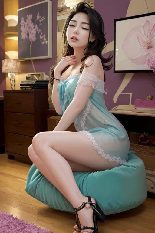 there is a woman laying on a bed with her legs crossed, gorgeous chinese models, Wang Chen, bright blue shiny lingerie, sitting on her bed, Sitting on the bed, posing in the bedroom, she has a jiggly fat round belly, smooth white tight clothes suit, sexy body and sexy abdomen, sit on a bed