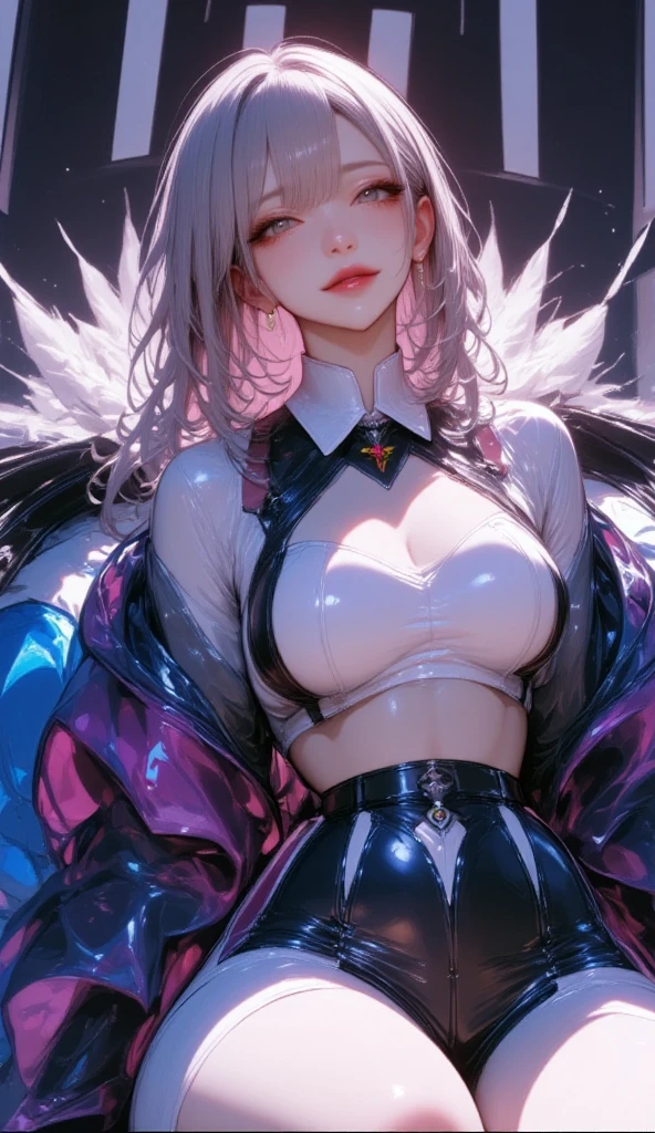 anime illustration, ((((highest quality)))), (((Ultra-precision CG 16K))), (((masterpiece))), (((Very detailed))), (((Extremely detailed))), (((Black outline:1.3, Written boundary depth:1.3 , Written soft outline, sharpness))), Maximum clarity and sharpness, Multilayer Texture, Surface Shading, Cinematic lighting, Beautiful details sparkle ,Perfect Proportions, Limited to one woman, BREAK accurate, Anatomically correct, Highly detailed face and skin texture, drawn in detail, Highly detailed facial and skin texture, Detailed eyes, beautiful hair, Beautiful Japanese Idol face, Beautiful and beautiful eyes, Beautiful body, Beautiful breasts, Beautiful thighs, Beautiful legs, Beautiful fingers, (Beautiful views) , skinny body, ((Beautiful Skin)), ((Skin Texture)) BREAK breast enlarged, medium Breasts, rocket breasts, (((perky breasts))), ((sagging breasts)), (covered nipples), slender waist, ( narrow eyes, smiling, blush, determined expression, sweaty , Heavy breathing,) , (streaked hair, hair intakes, colored inner hair, ) BREAK (((wearing printed sexy oversized shirts , wearing wide-leg-pants, breasts is covered by outfit, cosmic effects ))) , wearing earrings, (((tanned skin, tan lines))) , BREAK ( stick breast out, bending over, under the cosmic sky on the cosmic sea ),(((looking at viewer, super detailed background , ))), BREAK embarrassed, ((detailed panty)), Narrow aisles, BREAK ((cinematic , close-up of face, cowboy shot, looking at viewer, )), (natural make), random angle, random situation , pinup magazine pose, from above , from behind