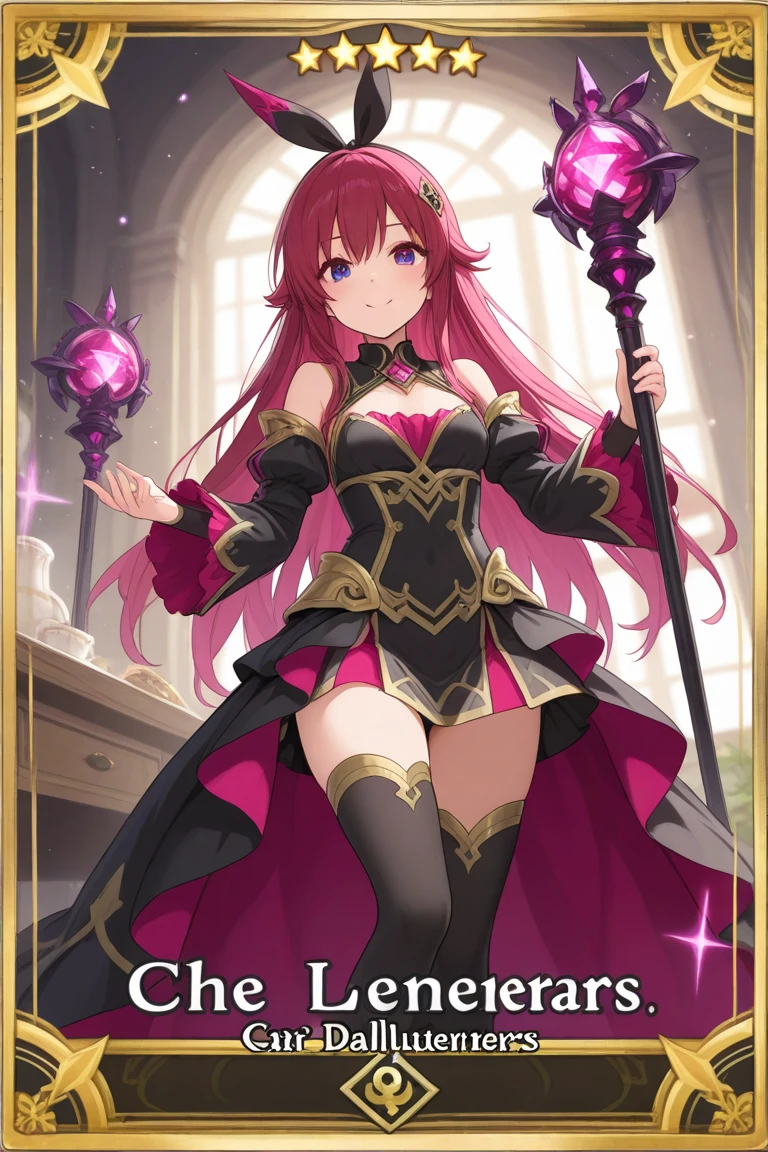 (masterpiece:1.3), (absurdres:1.3), (best quality:1.3), (ultra-detailed:1.3),(best shadow:0.7), (handled hair), (sharp eyeliner, eyeshadow, detailed eyes:1.1), perfect anatomy, BREAK 1girl, solo, (combatant, Rigging) , red hair, asymmetrical bangs, long hair, floating hair, red eyes, glowing eyes, narrow waist, medium breasts, dark aura, evil_grin, evil smile, glossy, glitter, gold accessories, headdress, hair ornament, (black bodysuit, frilled dress, frills, black gloves, covered_shoulders), layered dress, highleg leotard, latex legwear, pubic_tattoo, tattoo, glowing_pubic_tattoo, standing, black cloak, red cloak, choker, (red gem, yellow gem, purple gem, pink gem, red gem), thigh strap, holding_energy_ball
BREAK light particle, ice, crystal, stars, magic, casting spell, spell, fantasy, magic dust,