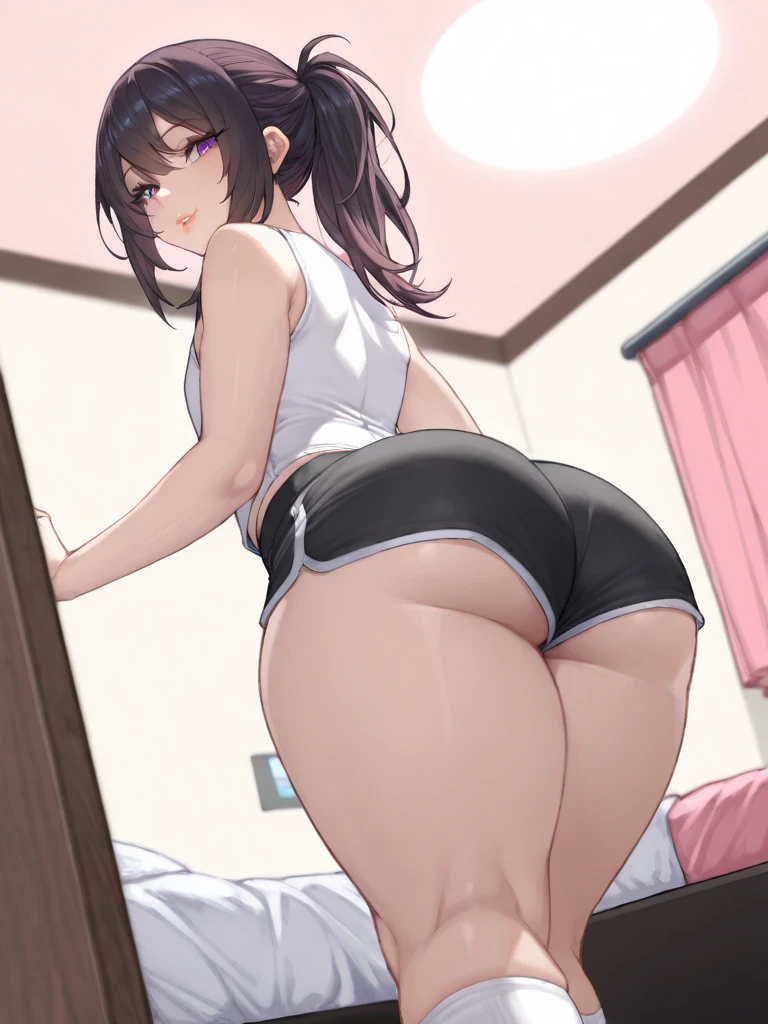 (software:1.5), (Tennis Wear、Skort)、Dark brown wavy long hair、Droopy eyes, Thick thighs, Such an ass, Liar, bed, Open crotch, Dettol, Spread your legs, Show your side, Down the Out、Tears are overflowing、Glasses、(Dynamic pose)、Untidy body、Dynamic Angles、Turning around