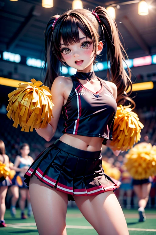 Red,black,group shot:1.7,baseball stadium,Panty drop:1.5,Clothing with tiger printed on it,tubetops,ponytail,cheerleader, stadium, team spirit, pom-poms, enthusiastic, energetic, crowd, uniform, sports event, cheering, colorful, dynamic pose, happy, vibrant, teamwork, celebration, night game, lights, action