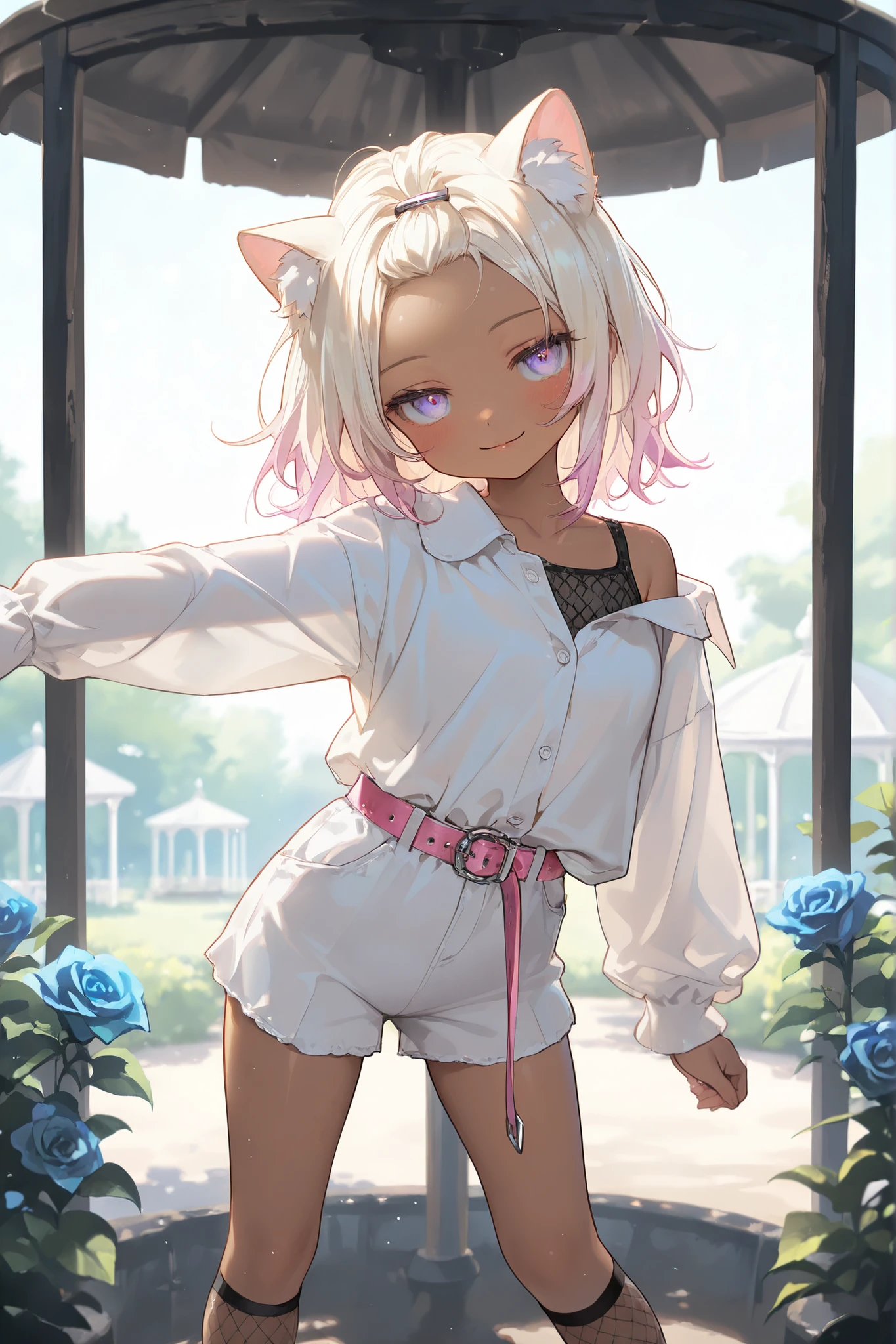 ((Masterpiece)), ((best quality, very aesthetic, absurdres, newest)), (wide shot, from side), (8K), (cinematic lighting), ((1girl)), (cute young girl), (Healthy body, Textured skin, small breast, tilt head), (brown-skin)), (Pale blonde hair, gradient hair, Pastel colors Hair Tip), (bangs pinned back, cute forehead), Beautiful collarbone, ((Oversized loose buttoned shirt, shirt overhang, collared shirt, long sleeves)), (bare left shoulder), (pink belt, white shorts), fishnet socks, seductive smile, blush, (:3), (Cat ears), (slightly exposed small chest), BREAK, ((jitome)), big eyes, (pale purple eyes, gradient eyes), (cute cheeks), glossy lips, pouty lips, (lower eyelashes), (foggy effect), outstretched arm, (loose standing, legs apart, Mossy abandoned gazebo, inside the gazebo), Beautiful blue roses garden,((happy aura)), 