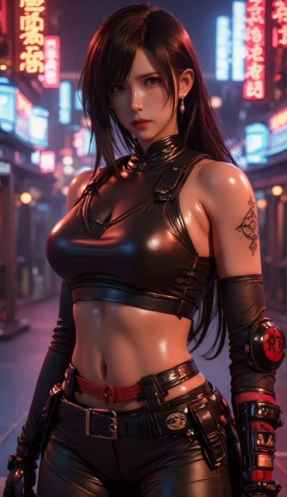 cyberpunk，Cover your tummy with your hands，Cover your belly button，bleeding from the corners of her mouth，Injuried，Bleeding from the navel，There  blood on the body，fighting stance，Navel-baring combat jacket，clothes in tatters，4K HD