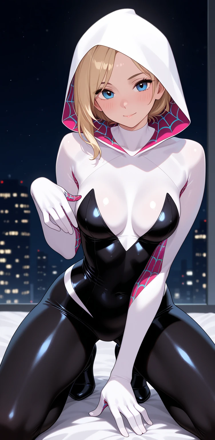 Spider-Gwen,illustration,pose sexy,high,detailed suit and musculature,(black part of the suit is translucent,(the nipples are marked),(camel toe)),MEDIUM BREASTS, athletic body, perfectly formed buttocks, the tips of the hair are pink, vibrant colors,Facial expressions that exude confidence and attractiveness.,Spider web pattern on the costume.,dynamic lighting,sharp focus,anime style,bright Eyes,attractive hips,thin waist,Tall and fit structure+long legs, large echoes, ass detail, big ass, round ass, Spread your legs, sexual excitement, sexual expression, shiny skin,vaginal discharge, without bra, visible crotch, legs open, without underwear、Crotch slit、Focus on crotch,((Don't wear underwear)), No pubic hair、shaved off、Show genitals and pubic hair, open genitals, spread pussy visible, spread cameltoe