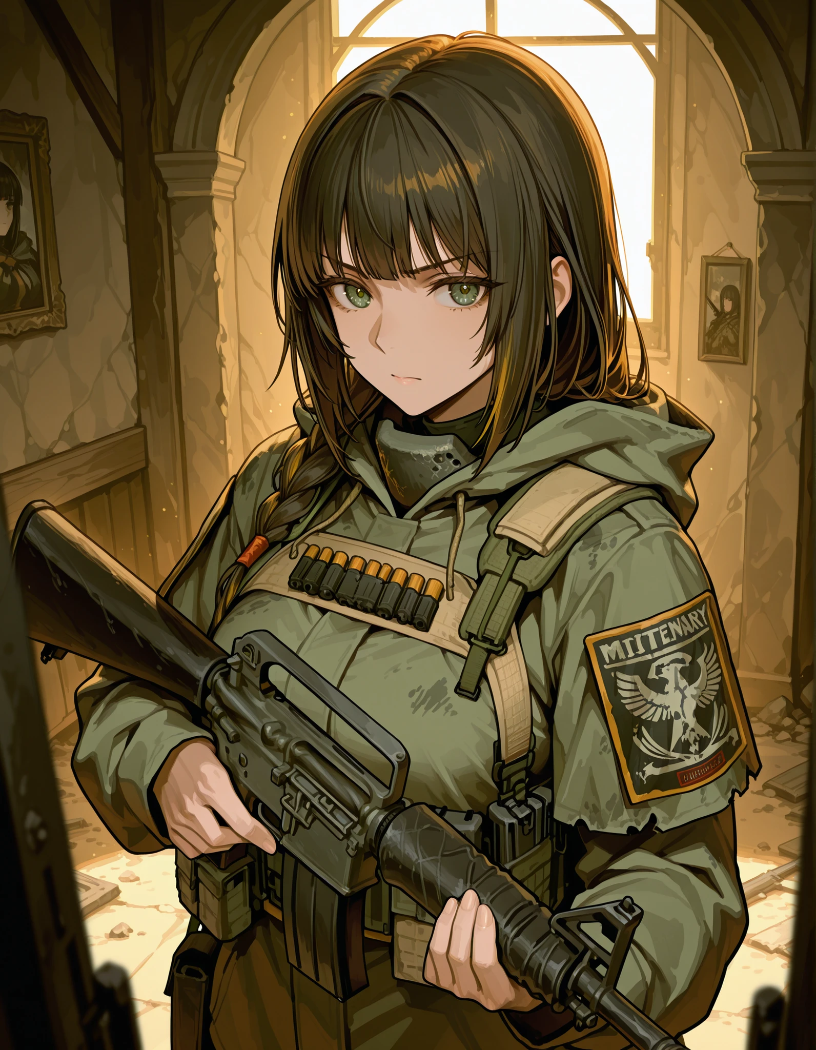 High res, solo, solo focus, 1girl, a mercenary girl (holding m16 rife, c-m16, m16a2:1), Masterpiece, best quality, intricate details, detailed background, high res, solo, solo focus, 8k