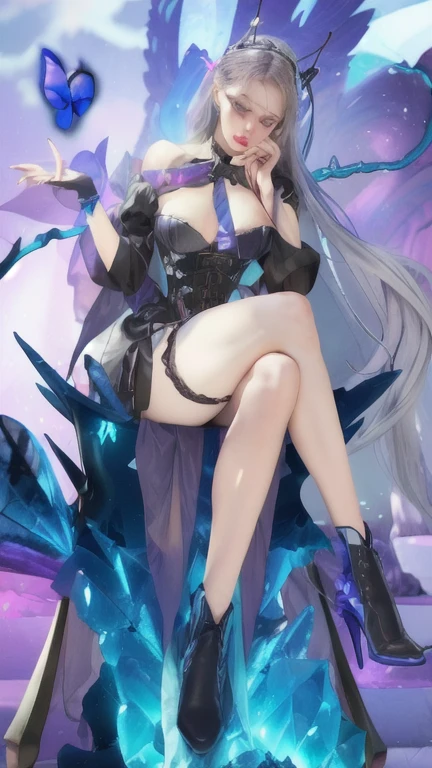 ((masterpiece:1.4,best quality)),(Super detailed),(Extremely detailed eyes),(Shiny socks:1.5),Hello Darkness
(Cute girls),15 years old,(Blood-red pupils,Diamond-shaped pupil:1.15),Purple Eyeshadow,(elongated hair,Thick hair,Single ponytail,shiny hair:1.5)(Changes through:1.2),despair,sad,Empty eyes,tears streaming down my face,tilting its head to the side,
(She wore a blue dress,:1.5),(Black gloves:1.4)Very long plush sleeves,White,White Cloud,Dream bubbles ,Ice and glitter effects
(Black long skirt:1.1),
((Starry Sky:1.2)),
(Intense black and white:1.16),(Depth of Field:1.4),,Intricate details,(((Detailed background,Castle in the Sky,Purple flowers by the lake))),(((Huge breasts,Bare breasts,Deep cleavage,White stiletto high heels,Transparent clothes)))