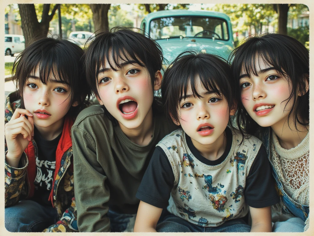 (Masterpiece),(Top Quality),(Super Detail),(Telegraph:1.2), ???, Cute, Smile, 2boys of 8yo and 2girls of 8yo, Troublemaker, Do you want to climb a tree or climb to the sky? modern Koreans, black hair,