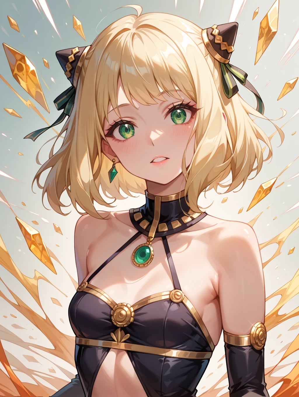 (masterpiece, top quality, very aesthetic, 4k、illustration), ()、intricate detail, 1woman,solo,contrapposto 、(gradient eyes、tareme)、hand on your chest、very short hair、parted bangs,Fair skin,(upper body)、beautiful women、clear face、、(),beautiful face、(gradient hair)、(braid light brown hair)、sidelock ,,green eyes、Warrior　、breastplate、medium breasts、slender 、
