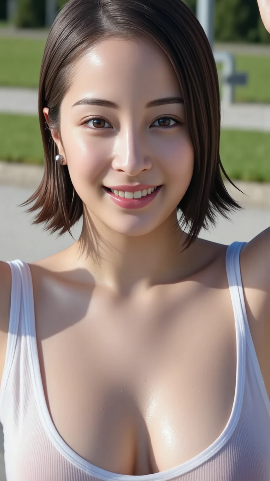 lens: 135mm f1.8, (Highest quality), (Beautiful 14 year old Japanese girl), (Moisturized lips), Narrow eyes, double eyelid, Delicate clavicle, Flat Chest , Embarrassed about my small, undeveloped breasts, smile, (Spotted sunlight: 1.2), Professional Lighting, (Petite figure), (Sunburned skin: 0.2), Full body photo, Full Body Focus, (Kneeling)、A neat and tidy honor student、Underlender body、(nude,Completely naked:1.5)、Boyish very very short hair、Driver&#39;s seat of a large truck、Tie on chest、Sweep all your hair back