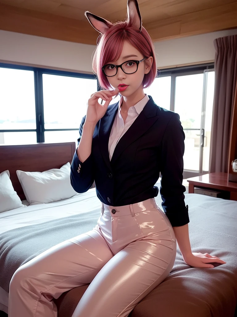 Pink shortcuts、cleavage of the breast、a park、Sit on a park bench、Wearing glasses、put on glasses、(8K, top-quality, ​masterpiece:1.2), (realisitic, Photorealsitic:1.37), ultra-detailliert, 1 girl in, full body Esbian, Hotel Rooms, (Adjusted hair:1.5) Officelady, Black Office Blazer, black office skirt,white  shirt， (panthyhose: 1.2)、(Short button-down shirt:1.2)、Button Up Color Prim、Button Down Color Prim、bura、(panthyhose:1.2)、Alpha Layer、high-heels、cute little、独奏、Beautiful detailed sky、(A smile:1.15)、(Mouth closed)、tiny chest、Eyes in Beautiful Details、Business attire、（short-hair：1.2）、Floating Hair NovaFrogStyle、Hotel Bed、masuter piece、Pink Shortcut Bob、Realistic rabbit ears、Pink realistic rabbit ears、Realistic ears of rabbits sticking out of the head、Pink hair、Beautiful girl in her 20s、Bewitching atmosphere、Beautiful shaped hands、K-POP、Pink rabbit ears、1 girl in、独奏、​masterpiece、top-quality、realisitic、Hyper-detailing、(Glossy skin:1.4)、absurderes、short pink hair、Slender beauties、动态照明、hight resolution、foco nítido、depth of fields、(thick thight:1.0)、A slender :1.2，((Short-cut bob hair))、((k pop:1.3))，Highly detailed facial and skin texture、((魅惑的))，Anatomically correct number of fingers，Correct anatomy