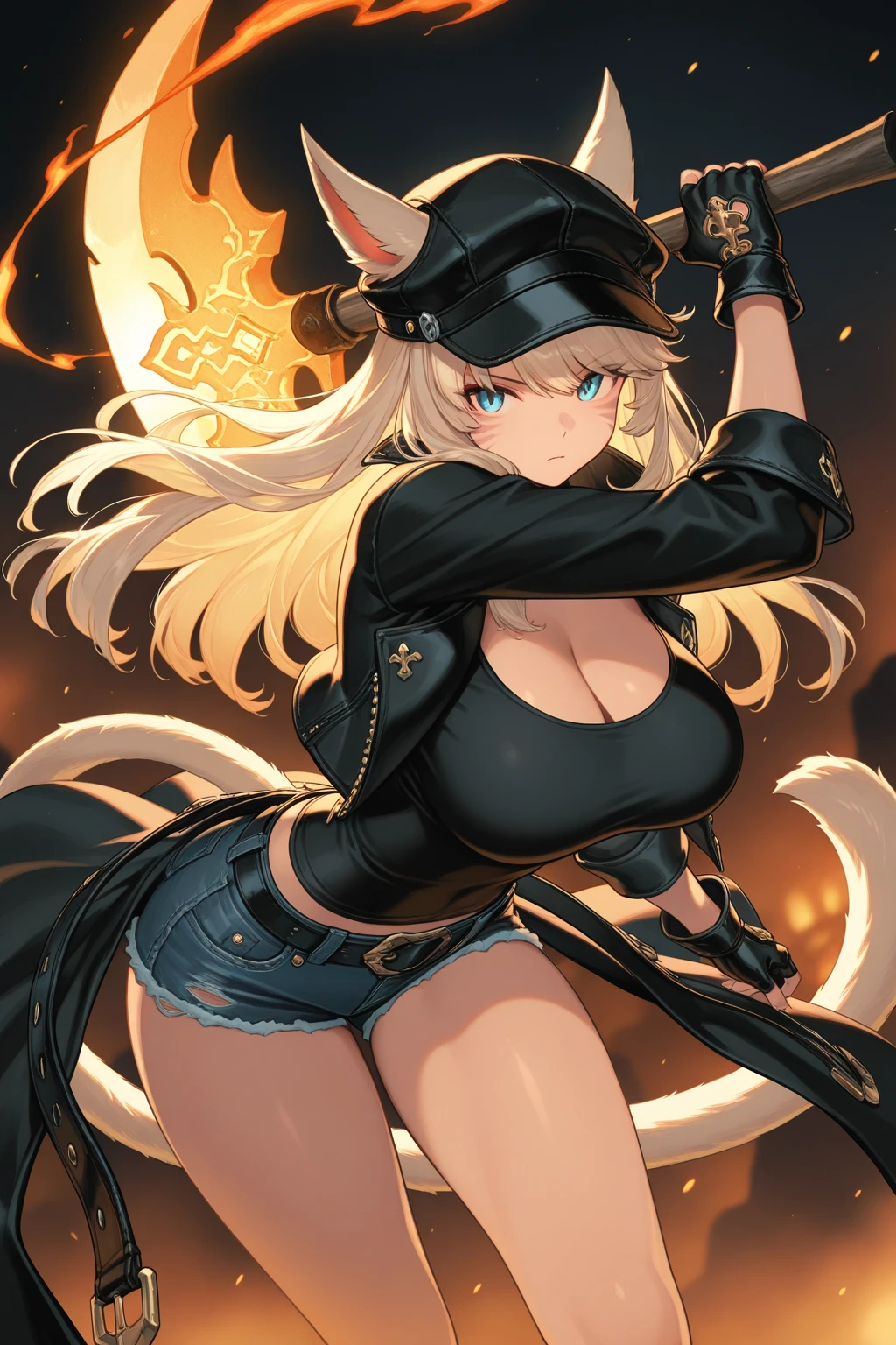 score_9, score_8_up, score_7_up, Verosika, looking at viewer, woman, solo, white hair, yellow eyes, sweet face, (huge breasts:1.2), large breasts, thick body, curvy body, colored skin, pink skin, horns, bare arms, hands, nude, naked, tube top, cleavage, underboob, thong, short mini skirt, dancing, swinging hips,