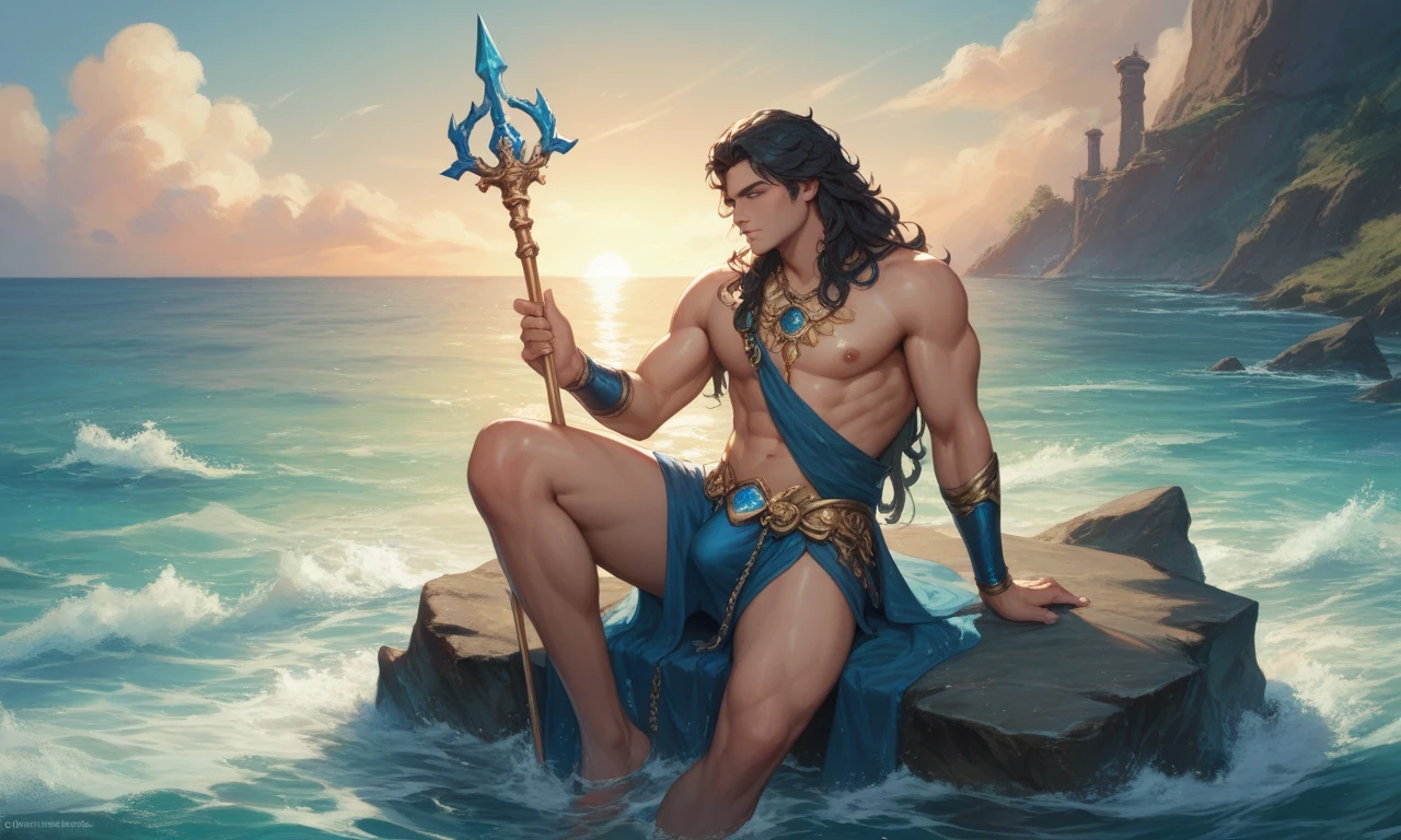 Marvel hero Namor in aquatic costume holding a trident. Ocean depth, vignette, highly detailed, high budget Hollywood film image in very high quality.