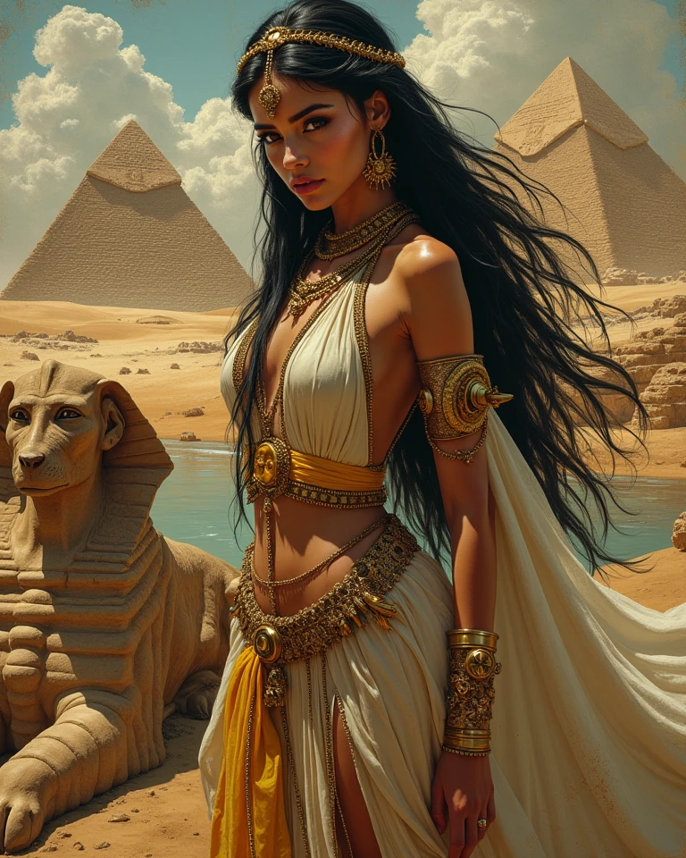 (masterpiece: 1.2), (best quality: 1.2), large evidence genitalia, perfect eyes, perfect face, perfect lighting, photo shoot, 1girl, mature female wearing SSAHC, SSAHC, dark skinned, colorful tribal dress, headdress, thick eyelashes, makeup, eyeshadow, medium hair, oasis, desert with pyramids detailed outdoor background --auto --s2