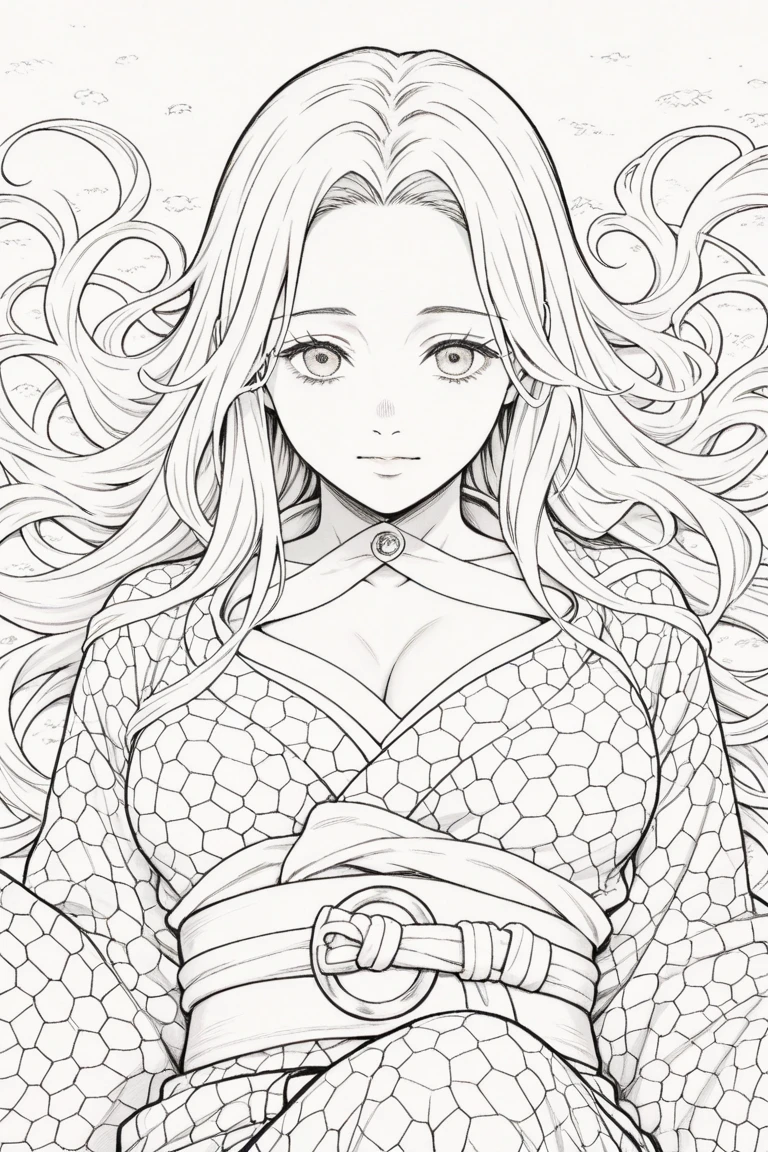(best quality,4k,8k,highres,masterpiece:1.2),ultra-detailed,(realistic,photorealistic,photo-realistic:1.37),1girl,beautiful detailed eyes,beautiful detailed lips,extremely detailed eyes and face,longeyelashes,long white hair,simple dress draped over body,big breasts,Anime style,lineart,monochrome,coloring page