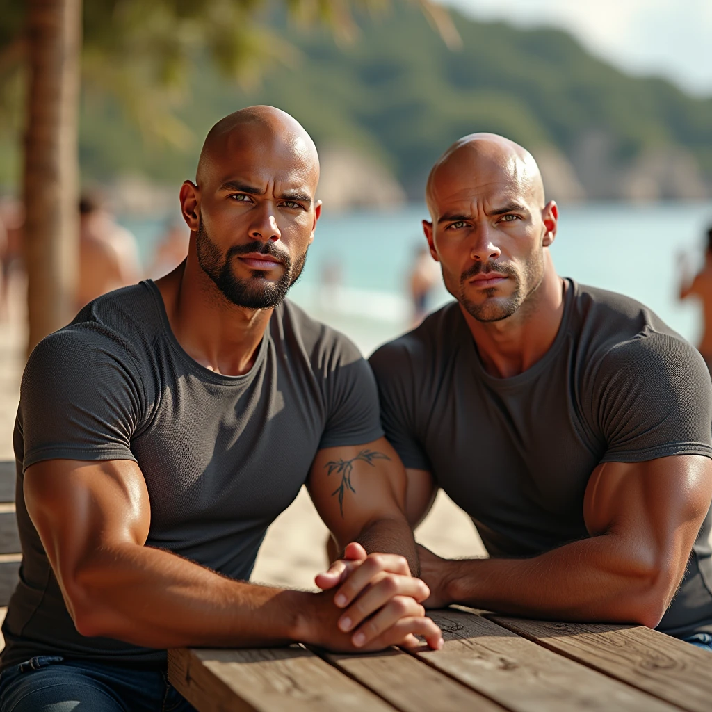one hunky white tan male with big hairy pecs wearing a chain flexing by pool next to hunky black male with big pecs in swim trunks