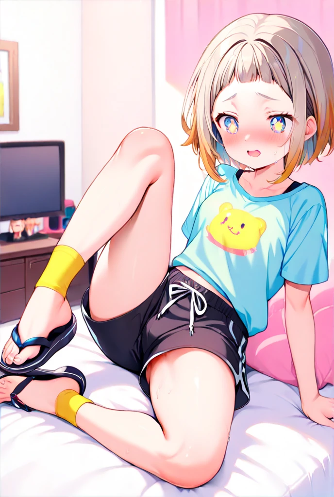 (young woman with fair skin, tan lines: 1.3)), 14 years old, freckles on her face, blue eyes, long hair, blonde hair, happy, well dressed, close-up, face only, (=girl NEET, close-up, face only, (NEET outfit, barefoot, no sneakers, just panties down, underwear, big tank top, rock print tank top)), girl, Messy clothing details visible, Skin with tan lines is vibrant, highlighting his cute appearance, he is young, around 14 years old, intelligent but small and threatening face, sitting on the bed, messy room, computer in the background, dark room, messy room, side view, (Cute face, nose normal red, magician's fan face, young face), The color palette is dominated by earth tones, (ultra-detailed: 1.3), detailed, finely detailed, (dynamic pose: 1.0), (centered, scaled to fit dimensions, general rule of thirds), ((bright room, cloudy day, messy room, mysterious atmosphere)), setting: 1.25, complex setting, ((dark room)), ornaments (messy room)), high resolution, sharp focus, (ultra detailed, extremely detailed), (photorealistic art: 1.37), (extremely detailed 8k CG unity wallpaper), (((vibrant colors, vibrant theme))), (intricate), (art ), (best quality), (best quality), (photograph taken by sldr ), (complex background), perfect rendered face, perfect face details, realistic face, realistic photo, ((intricate details)),(((realism ))