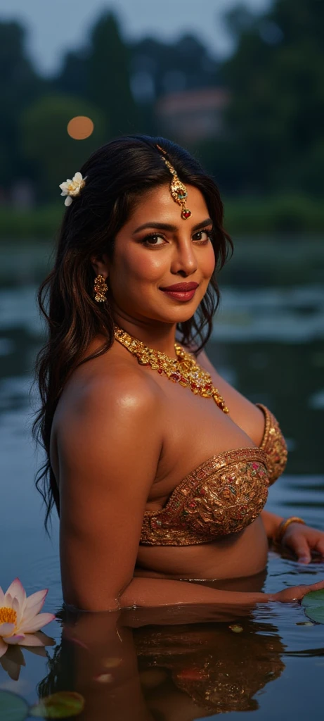 photo of Priyanka Chopra with yellow see through crop top, sleeveless, big cheeks, curvy, hourglass figure, swooping breasts, black eye, deep cleavage,navel, in a well lighted background, ocean and beach, navel, necklace, (cinematic:1.3), intricate details, (ArtStation:1.2)