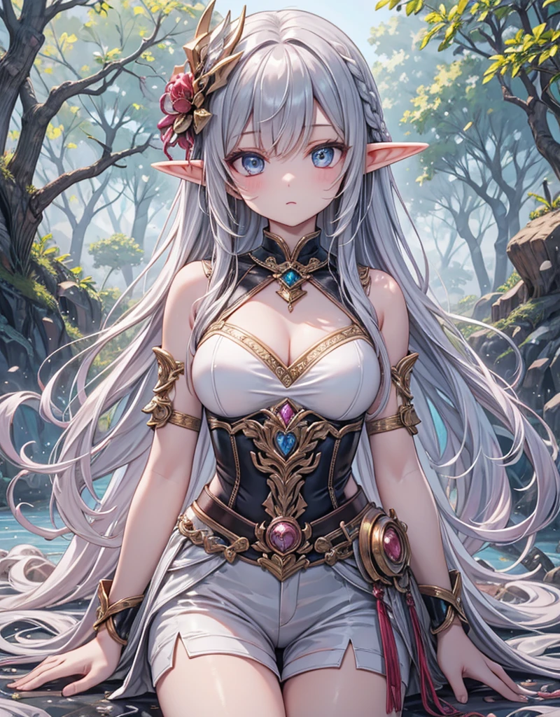 paya, cute elf,((anime elf with extremely cute and beautiful brown hair)), (((elf))), (((elf ears))),((((white hair:1.35,colored inner hair,ear breathing)))),(((green_eyes:1.3))),intricate eyes,beautiful detailed eyes,symmetrical eyes,big eyes:1.5,(((lustrous skin:1.5,bright skin: 1.5,skin tanned,shiny skin,very shiny skin,shiny body,plastic glitter skin,exaggerated shiny skin,illuminated skin))),(detailed body,(detailed face)), cute,slutty,erotic,daring,((nsfw)), (((intricate outfit,intricate clothes,embroidered outfit,ornate outfit,embroidered clothes,ornate clothes))), (dynamic pose:1.0),happy,smile,(centered,scale to fit dimensions,Rule of thirds), ((snowy pine forest at night)), with dark stormy clouds,winter,scenery:1.25,((snow forest background)),Christmas tree, highres,sharp focus,(ultra detailed,extremely detailed),(photorealistic artwork:1.37),(extremely detailed CG unity 8k wallpaper),(((vibrant colors,vibrant theme))),(intricate),(masterpiece),(best quality),