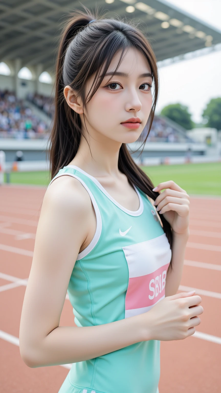 masutepiece、​masterpiece、top-quality、ultra-detailliert、hight resolution、hight resolution、8K Portrait、Unity 8k Wallpapers、extremely details CG、Unity 8k壁纸、Highly detailed CG Unity 8k wallpaper、逼真、realperson、cute little、 Portrait photos、shinny skin、high-detail、(sixteen years old:1.2)、Beautiful clear eyes、Ultra-fine depiction、delicated face、Lovely lips、Slender body、big breasts thin waist、Thin leg、(Track and Field Arena:1.4)、(flat chest:1.8)、(Athletics uniforms:1.5)、(teats:1.5)、(A slight smil)、(waved hair:1.2)、(small tit)、cute  face