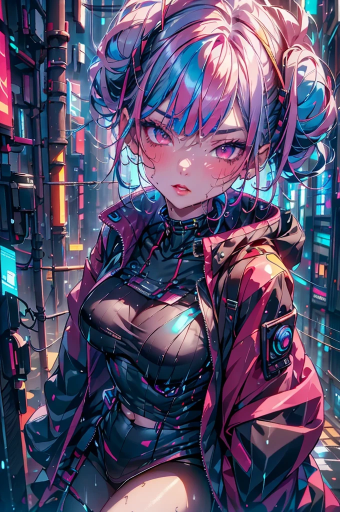  1 girl, bungs, blue hair,   color chip  , (Extreme close up on chest), Angle from Above, Grey Eyes,  and look at the camera,  Medium Hair, multi colored hair, parted bungs,  open lips, pink hair from 2nd floor, portrait, red eyeliner,  red lips, (cyberpunk jacket with open front), (cyberpunk dark club)、Seductive Poses、(best quality、Ultra High Definition、ULTRA VISUAL、8K)、seductive expression、 it's raining 、Ultra fine skin 、 Ultra Fine Face 、Ultra fine hair、studio light、glossy skin just before、skin all over the body wet in the rain、photorealistic、Cinematic design、slim figure、upward gaze、Watery eyes