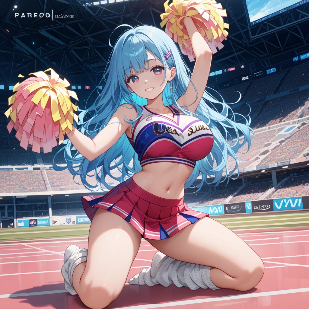 lum invader, detailed, anime,(red: 1.2), (Ripped clothes: 1.5) (cheerleader uniform: 1.2), masterpiece, best quality, open mouth, fang, ultra-detailed, yellow eyes, Pretty eyes, Detailed face, Pretty girl, Big chest, Blushing, (Wet: 1.2), breasts, areola slip, (missionary position:1.2), (nipple: 1.2), (on a soccer field full of people: 1.2), (heart shaped pupils: 1.5)