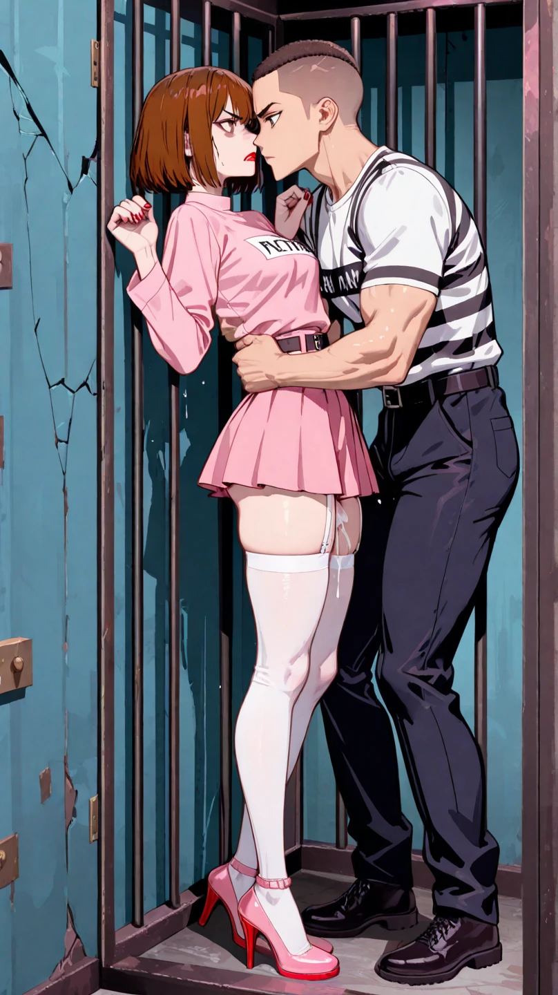 Multiple penises,Slender and sexy woman,Cum in mouth,deep throat ,Black thigh-high boots,Beige jean shorts,in the train,Molester,Multiple men,Put your hands behind your back,penis,rape,Sex,Creampie,Folded ponytail,semen,profile,Restrained by chains,behind,