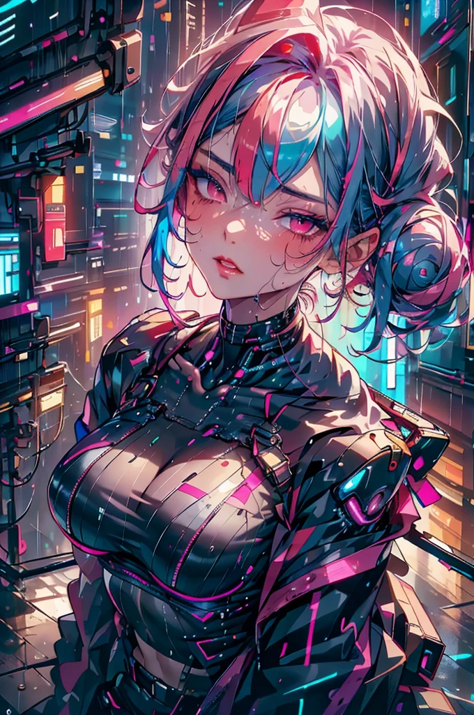  1 girl, bungs, blue hair,   color chip  , (Extreme close up on chest), Angle from Above, Grey Eyes,  and look at the camera,  Medium Hair, multi colored hair, parted bungs,  open lips, pink hair from 2nd floor, portrait, red eyeliner,  red lips, (cyberpunk jacket with open front), (cyberpunk dark club)、Seductive Poses、(best quality、Ultra High Definition、ULTRA VISUAL、8K)、seductive expression、 it's raining 、Ultra fine skin 、 Ultra Fine Face 、Ultra fine hair、studio light、glossy skin just before、skin all over the body wet in the rain、photorealistic、Cinematic design、slim figure、upward gaze、Watery eyes