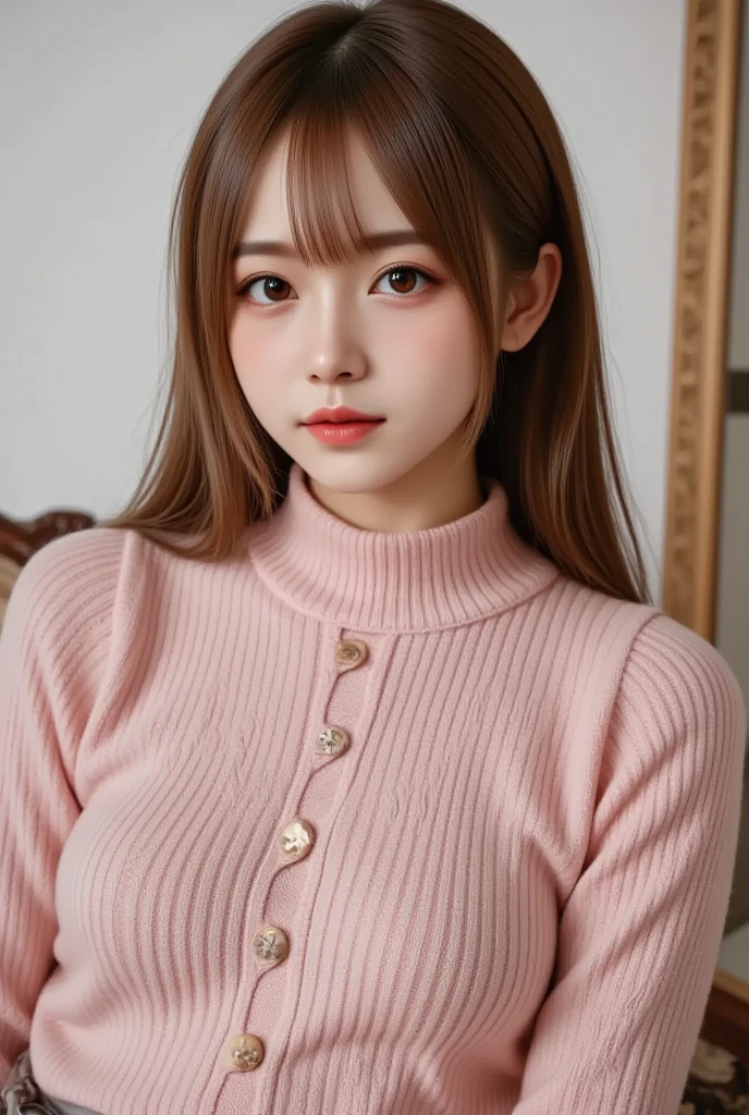 (masterpiece:1.5)、(Realistic:1.5)、(highest quality:1.4、8k、RAW Photos)、
Ultra-high resolution、Professional Lighting、Huge breasts、Perfect dynamic composition、Shot indoors、
Film Grain、chromatic aberration、(Bokeh:1.1)、
Frank、Sophisticated、charm、Surreal、Attention to detail、Golden Ratio、
(1 girl)、Slender girl、繊細でcharm女の子、Cute Woman:1.4、
Serious expression、Looking at the audience、Sculpture Pose、Sit on the couch and relax、
Light brown hair、Shiny Hair、Hairstyle: Ponytail、
Realistic looking skin、
Shut your mouth.、Beautiful Eyes、double eyelid、Thin arms、、
(She is wearing a pink ribbed turtleneck sweater dress:1.3)、Show off your thighs