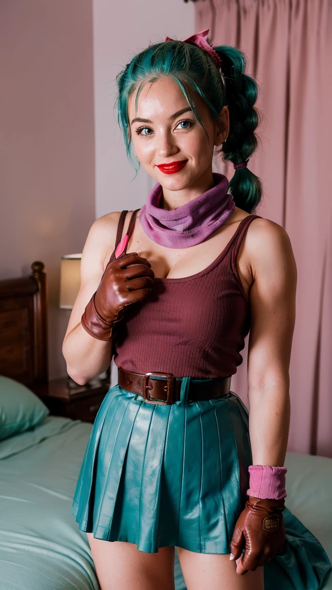 (masterpiece, best quality), 1girl, solo, (j4nu4ryj0n3s lying on back), (blmpony), (epiCRealLife), (underboobs), (half breasts), ((bulma_v1), (red lipstick), (aqua hair), (blue eyes), (young woman), (European model), (pink bulma_v1 shirt), (pink skirt), (pink pleated skirt), (pink hair ribbon), (aqua braided ponytail), (belt), (blue waist bag), (purple scarf), (bulma_v1 clothes writing) , (wrist gloves), ( brown leather gloves), (medium breasts), (bulma_v1 pink skirt),(light smile), (lying on the bed), (lying on back), (close up), (planters), (in a bedroom), (flash photography)